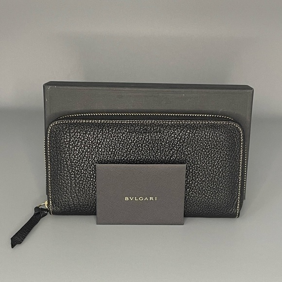 BVLGARI Black Long Leather Zip Around Wallet Unisex Luxury Pebbled Italy OS - Picture 2 of 11